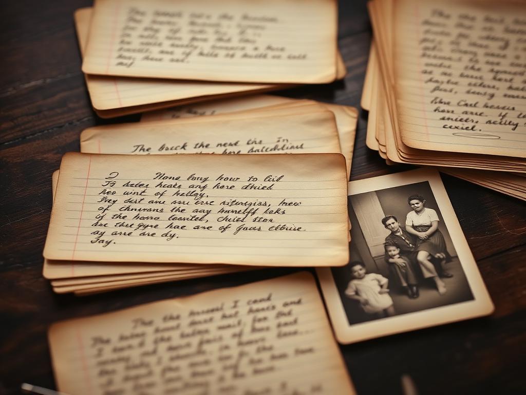 Handwritten family records and sepia photographs on a wooden table
